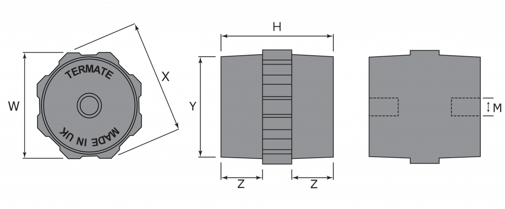 Diagrams of the plan and side view of Termate Low Voltage Standoff Insulators, labelled with letters to represent specific dimensions in the table below