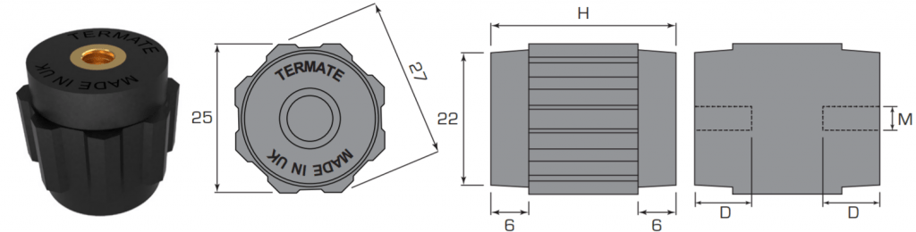 Plan and side view diagrams of the Termate standoff insulators in the AU2 footprint. Labels show width across flats is 1 inch, width across corners is 1 and 1/8 inches, base diameter is 7/8 inches, and shoulder height is 1/4 inches. Other dimensions are labelled with a letter, indicating a specific measurement in the table below.