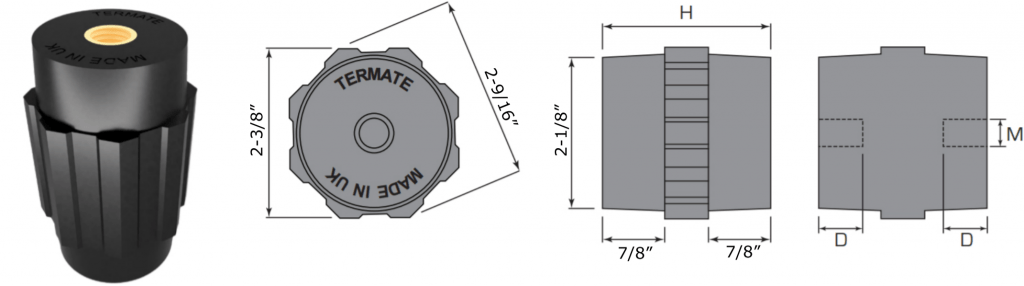 Plan and side view diagrams of the Termate standoff insulators in the AU6 footprint. Labels show width across flats is 2 and 3/8 inches, width across corners is 2 and 9/16 inches, base diameter is 2 and 1/8 inches, and shoulder height is 7/8 inches. Other dimensions are labelled with a letter, indicating a specific measurement in the table below.
