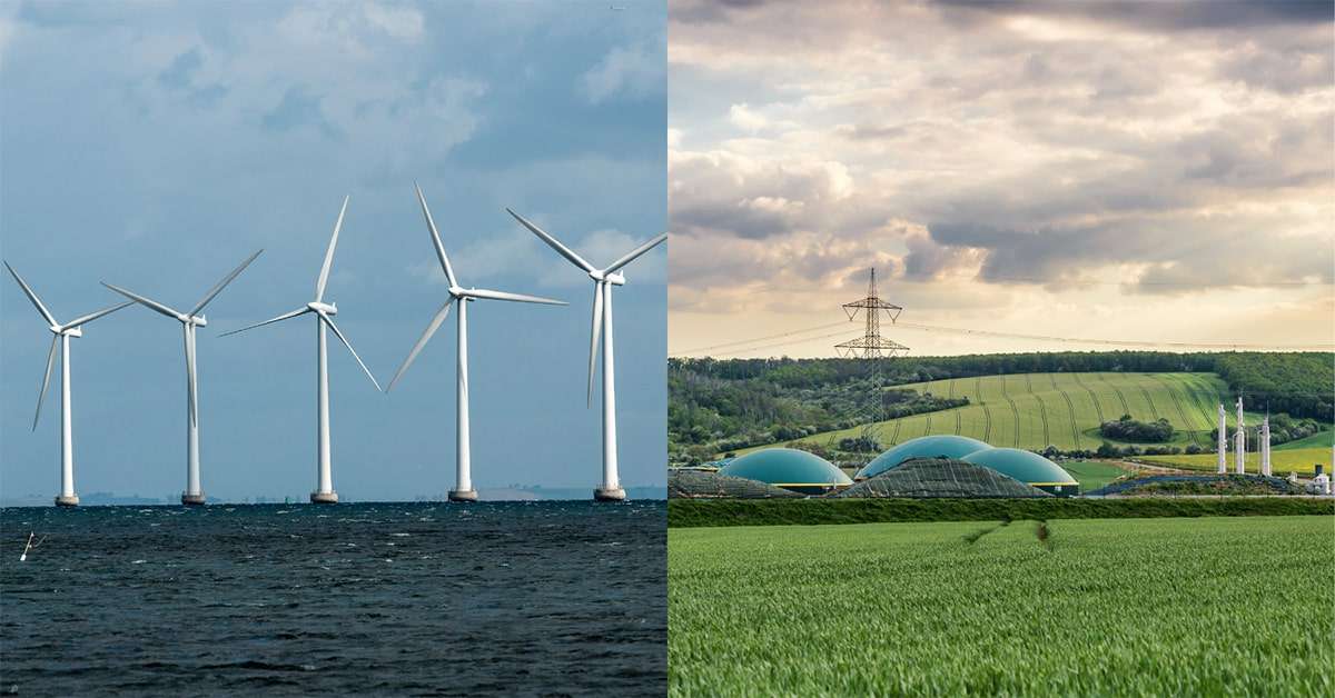 Image of offshore wind turbines and a field with a biomethane plant